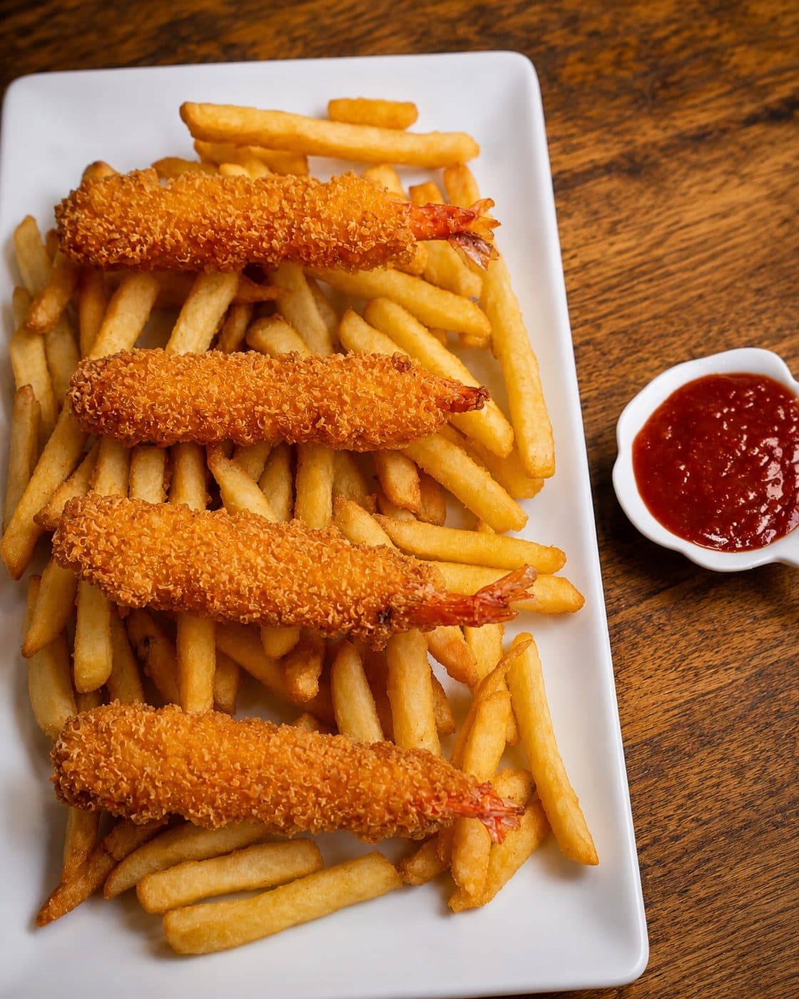 Fried shrimp with cocktail sauce and fries